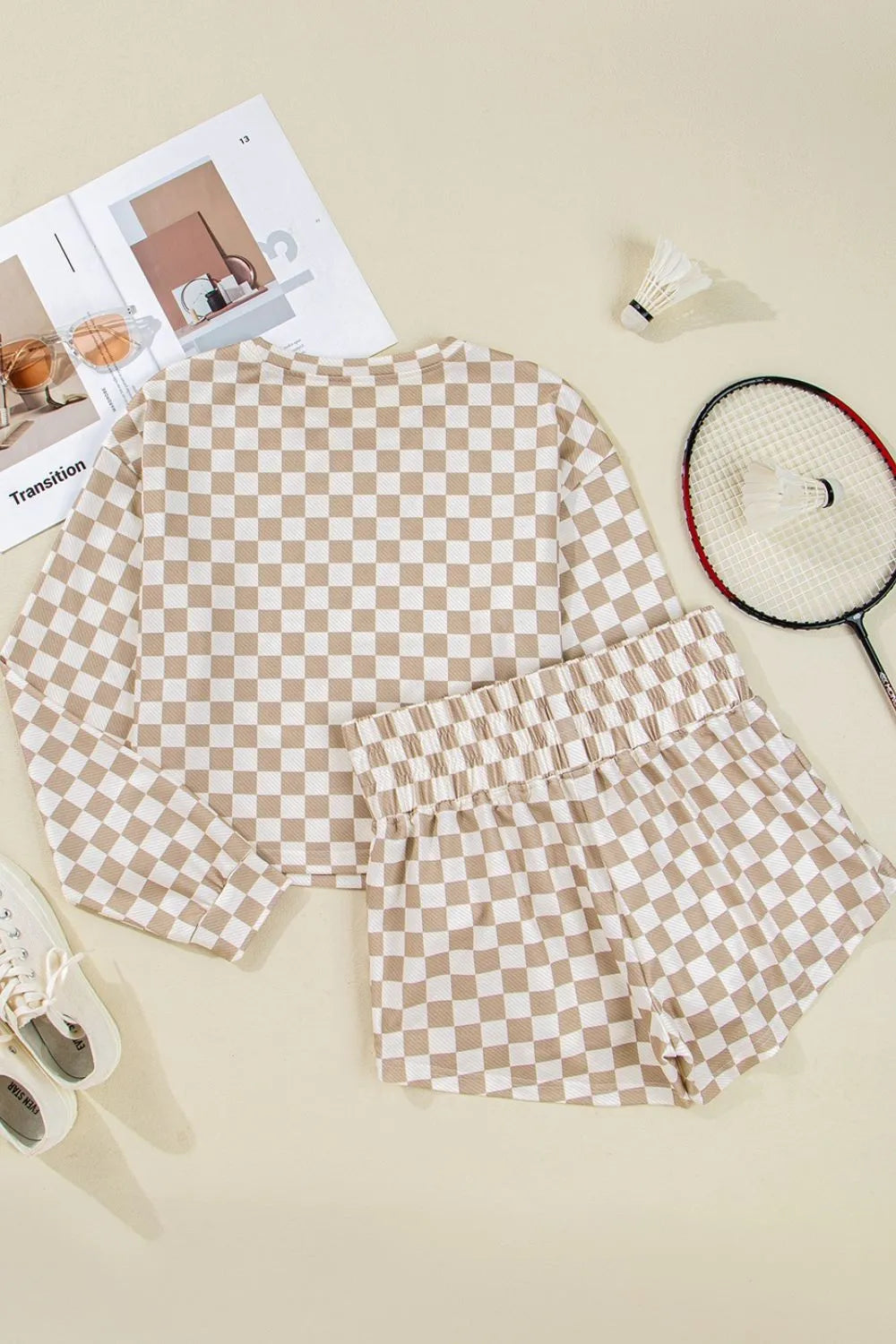 Checkered Long Sleeve Top and Skirt Two-Piece Set