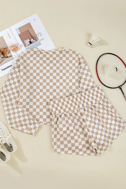Checkered Long Sleeve Top and Skirt Two-Piece Set