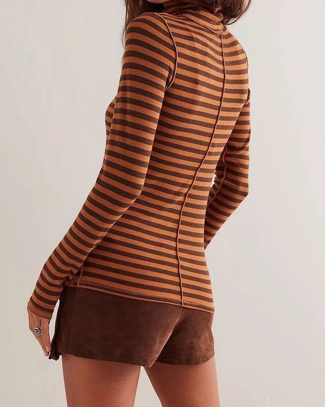 Exposed Seam Striped Turtleneck Long Sleeve T-Shirt Brown