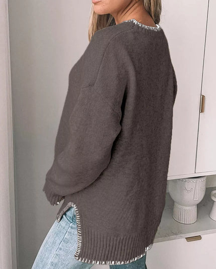 Slit Contrast Trim Round Neck Sweater