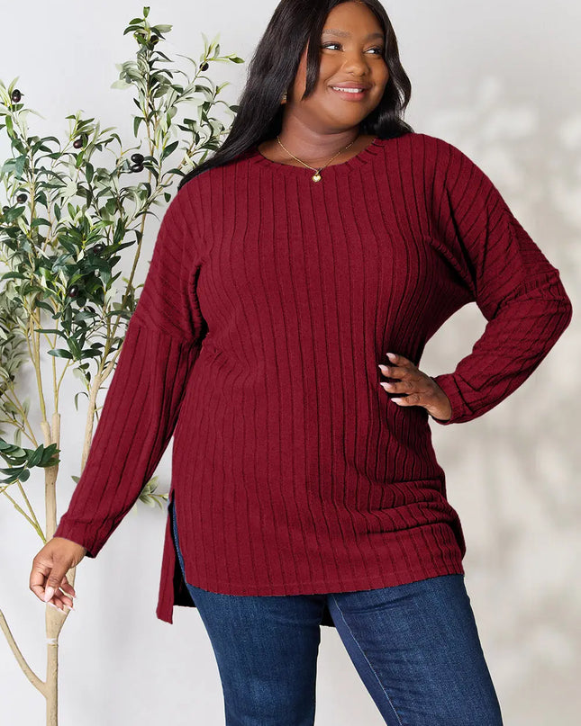 Basic Bae Full Size Ribbed Round Neck Long Sleeve Slit Top