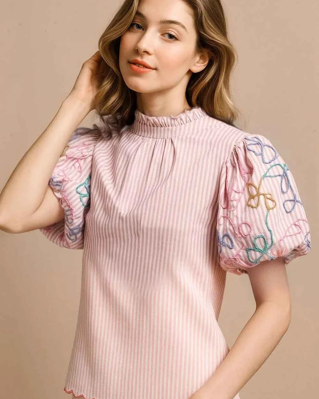 BiBi Embroidery Bubble Sleeve Top With Bottom Scallop Detail