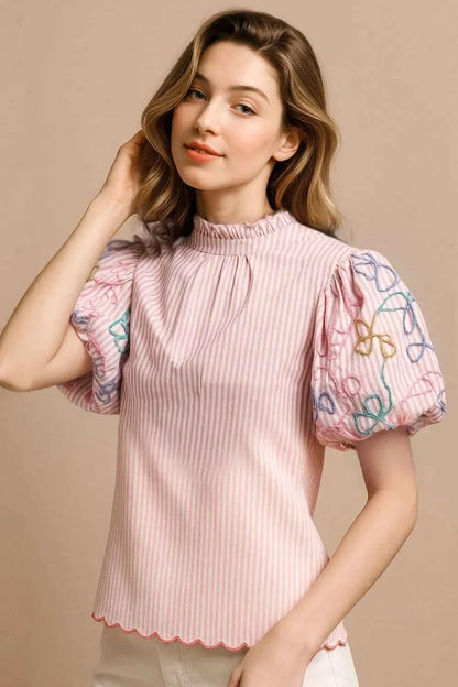 BiBi Embroidery Bubble Sleeve Top With Bottom Scallop Detail
