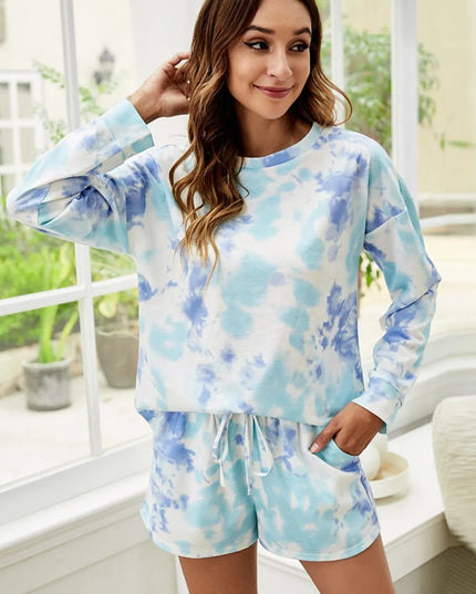 Shiny Tie-Dye Dropped Shoulder Top and Shorts Lounge Set