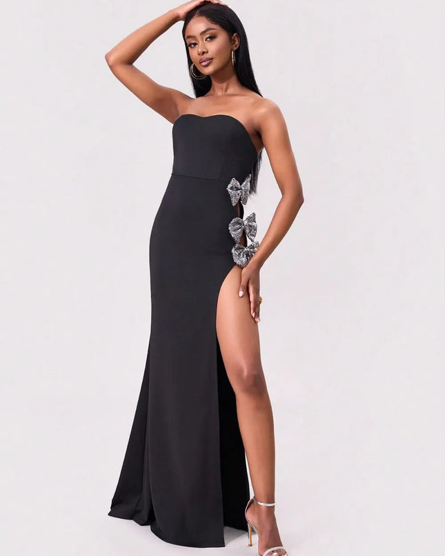 Slit Bow Trim Tube Maxi Dress 