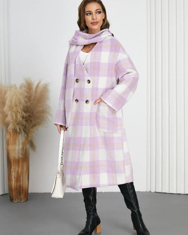 Plaid Button Up Long Sleeve Coat Pink Purple