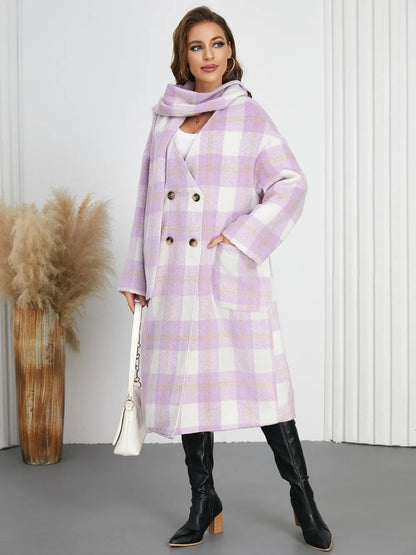 Plaid Button Up Long Sleeve Coat Pink Purple