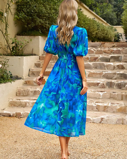 Printed Puff Sleeve Midi Dress 