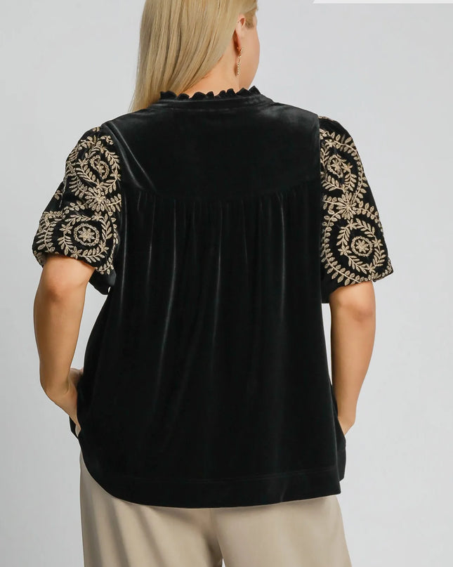 Umgee Full Size Velvet Embroidered Sleeve Blouse Plus Size