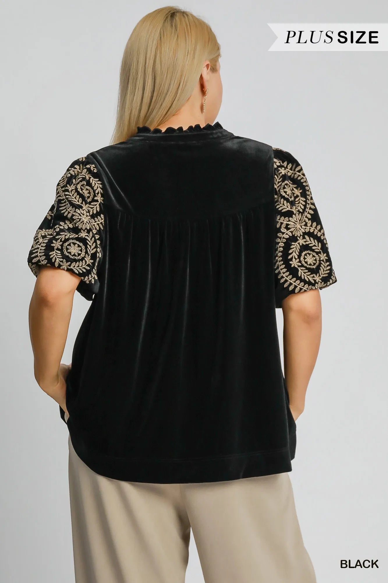 Umgee Full Size Velvet Embroidered Sleeve Blouse Plus Size