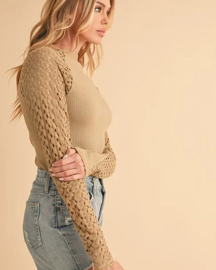 Aemi+Co Mock Neck Ribbed Knit Top with Crochet Sleeve