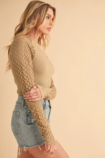 Aemi+Co Mock Neck Ribbed Knit Top with Crochet Sleeve