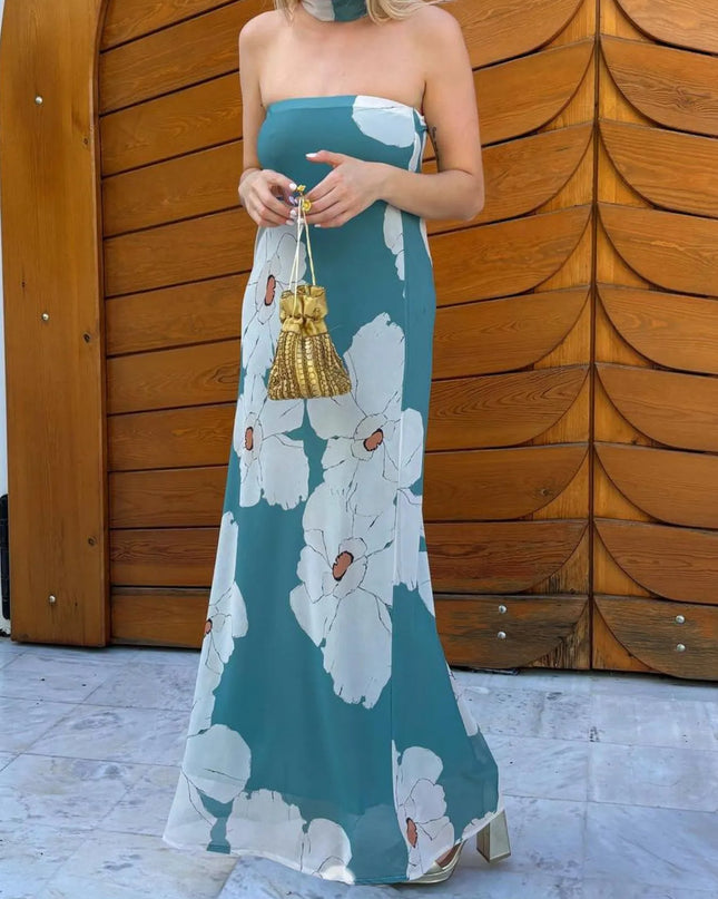 Printed Tube Maxi Dress Teal