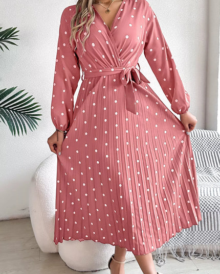 Front Tie Polka Dot Midi Pleated Dress Dusty Pink