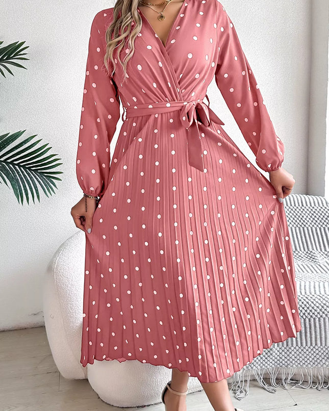 Front Tie Polka Dot Midi Pleated Dress Dusty Pink
