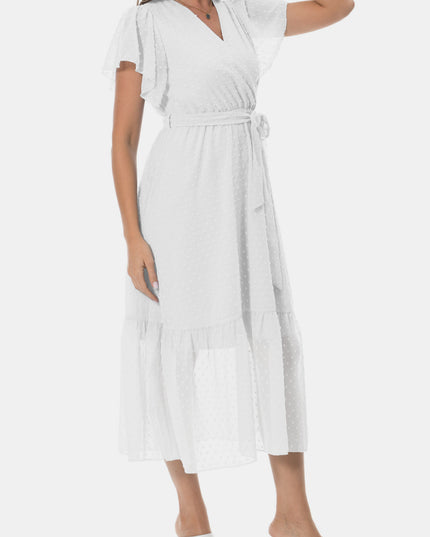 Surplice Neck Flutter Sleeve Tied Dress