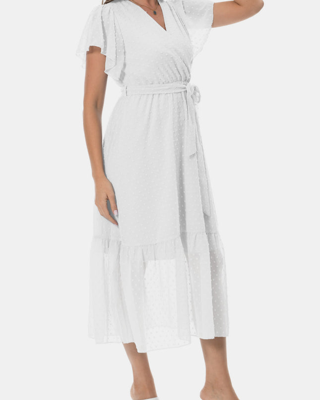 Surplice Neck Flutter Sleeve Tied Dress