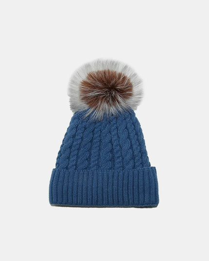 Cable Knit Winter Hat with Pompom Peacock Blue One Size