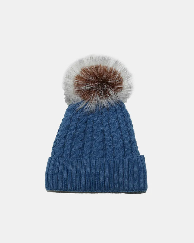 Cable Knit Winter Hat with Pompom Peacock Blue One Size