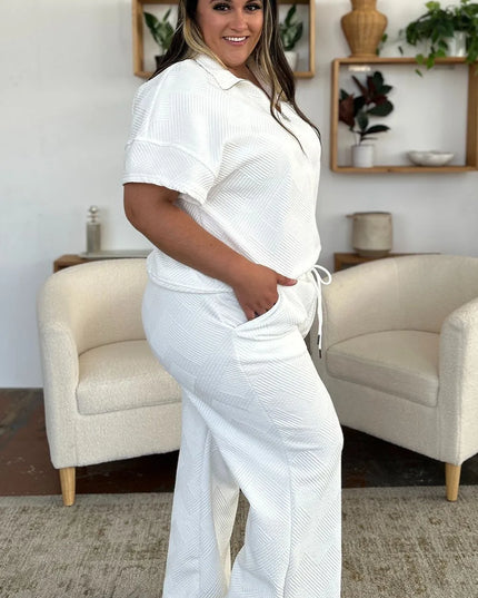 Double Take Full Size Texture Half Zip Short Sleeve Top and Pants Set