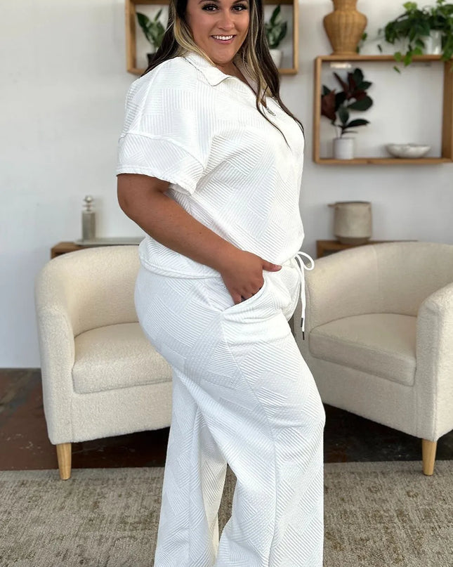 Double Take Full Size Texture Half Zip Short Sleeve Top and Pants Set