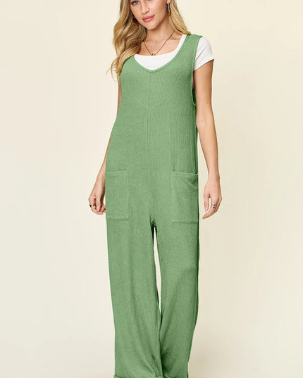 Double Take Full Size Texture Sleeveless Wide Leg Jumpsuit Light Green