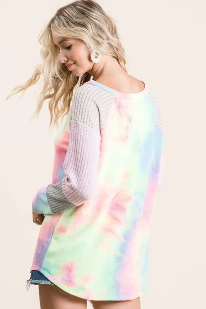 BiBi Tie Dye Terry Top With Color Block Pointelle Knit