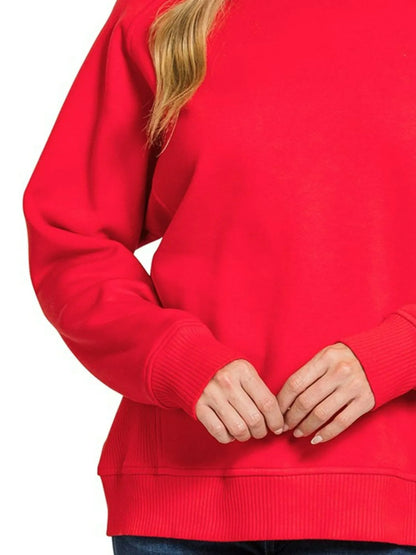 Zenana Fleece Round Neck Ribbed Side Raglan Sweatshirt