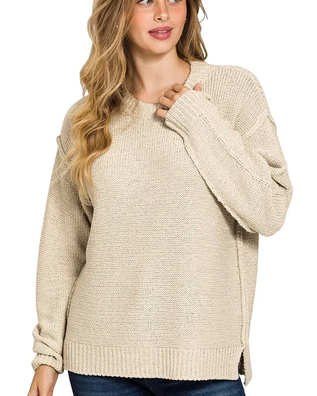 Zenana Exposed Seam Round Neck Sweater SAND BEIGE