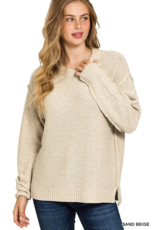 Zenana Exposed Seam Round Neck Sweater SAND BEIGE