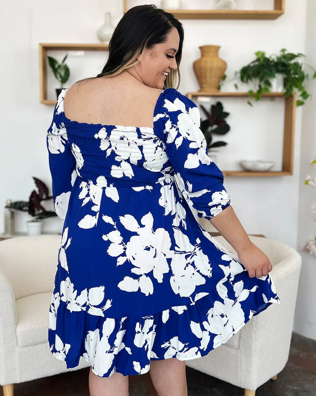 Double Take Full Size Floral Ruffle Hem Smocked Dress with Pockets