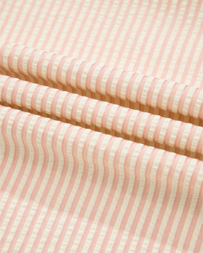 Stripe Bow Knot Cuff Pearl Embellished Puff Sleeve V Neck Blouse