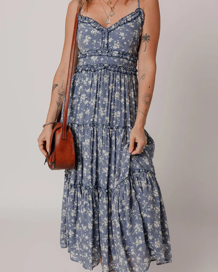 Floral Spaghetti Strap Frilled V Neck Tiered Midi Dress Dusty Blue