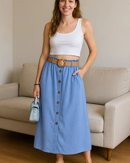 Decor Button Front Midi Skirt Light Blue