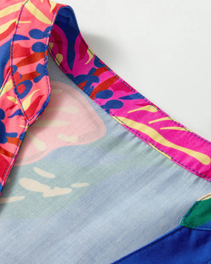 Floral Print 3/4 Sleeve V Neck Tiered Dress