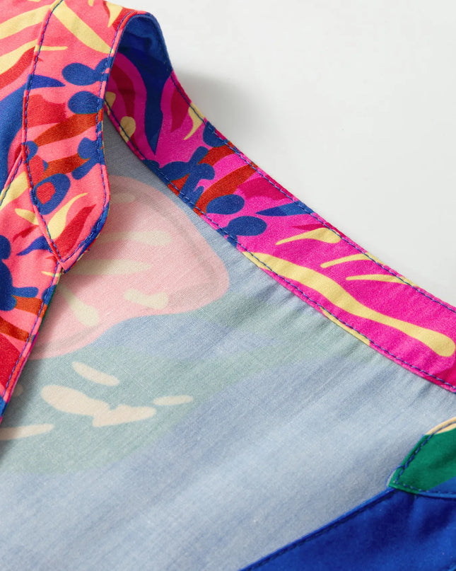 Floral Print 3/4 Sleeve V Neck Tiered Dress