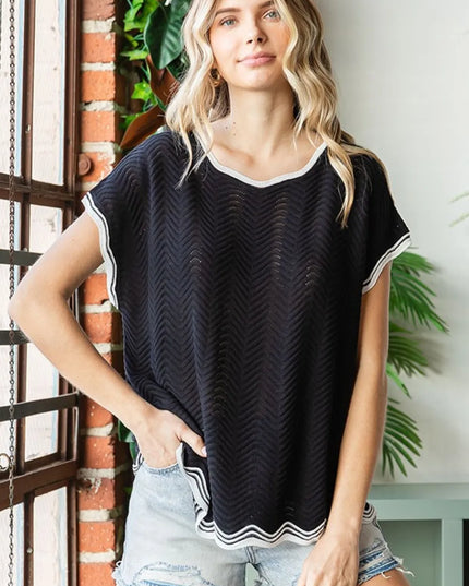 First Love Full Size Contrast Wavy Crochet Drop Shoulder Knit Top Black
