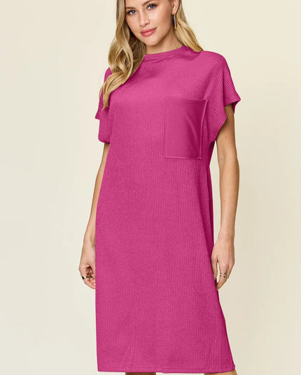 Double Take Full Size Texture Mock Neck Short Sleeve Dress Hot Pink