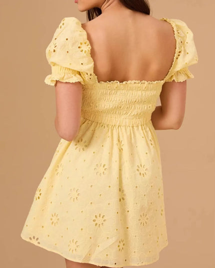 Eyelet Puff Sleeve Smocked Mini Dress
