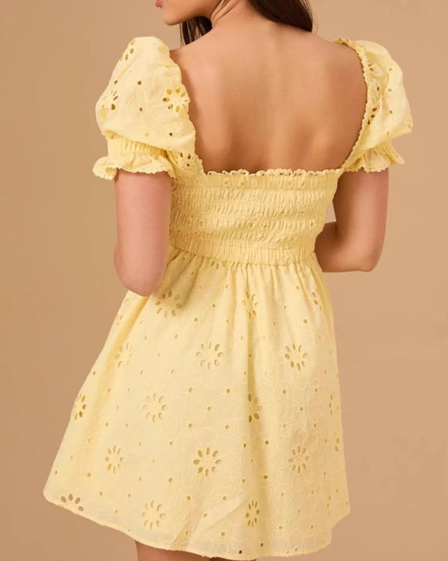 Eyelet Puff Sleeve Smocked Mini Dress