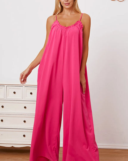 Double Take Full Size Ruffle Trim Tie Back Cami Jumpsuit with Pockets