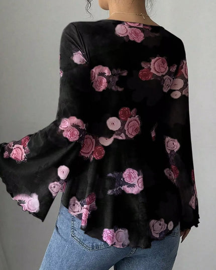 Floral Print Tie Front Flare Sleeve Blouse