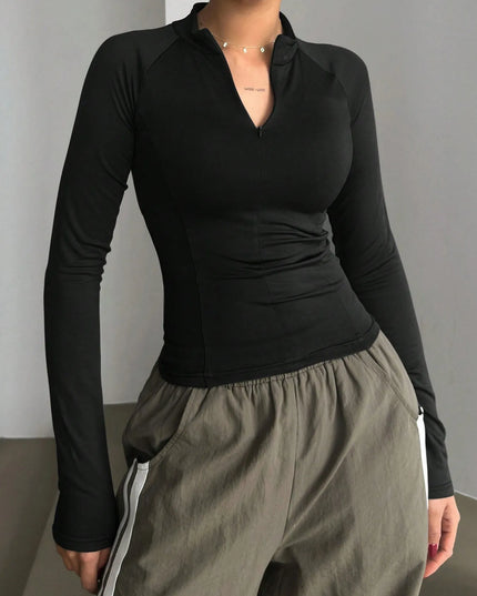 Long Sleeve Zip Front Fitted T-Shirt