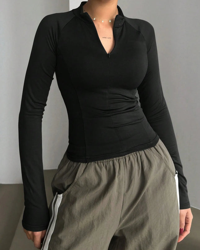 Long Sleeve Zip Front Fitted T-Shirt