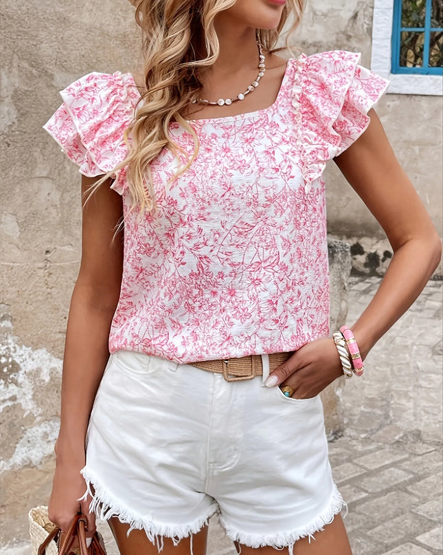 Bow Back Floral Print Ruffle Sleeve Blouse