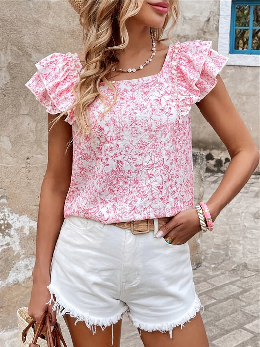 Bow Back Floral Print Ruffle Sleeve Blouse