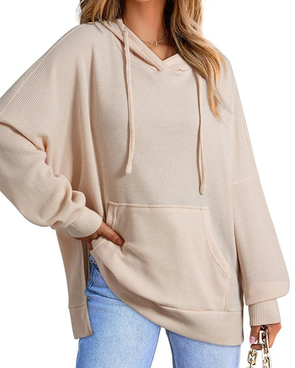 Slit Drawstring Waffle Knit Hoodie Apricot