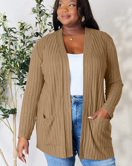Basic Bae Full Size Ribbed Open Front Cardigan with Pockets Khaki