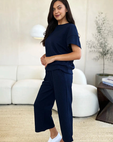 Double Take Full Size Texture Short Sleeve Top and Pants Set