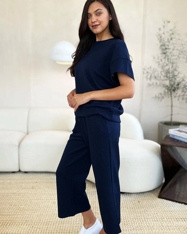 Double Take Full Size Texture Short Sleeve Top and Pants Set
